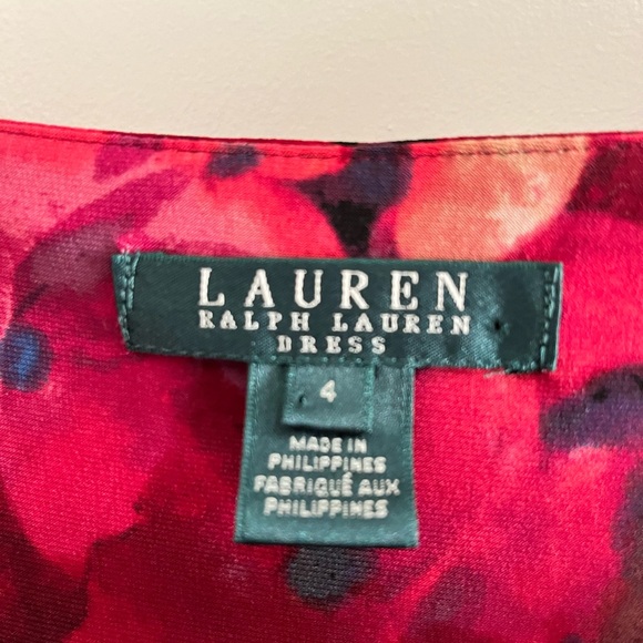 LAUREN by Ralph Lauren Floral Faux Wrap Ruched Dress Red Sz 4 - Picture 3 of 5